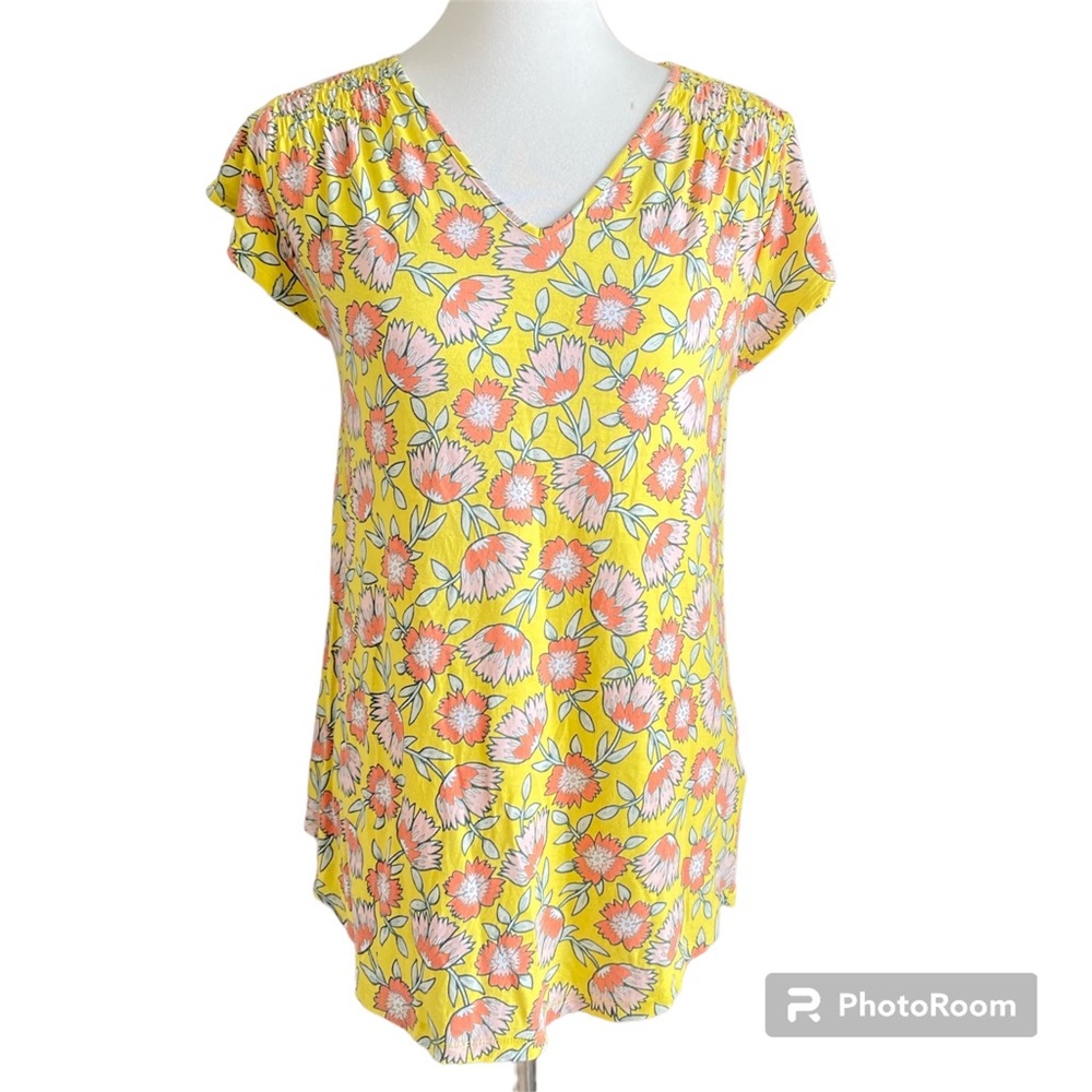 Lands’ End Yellow Pink Floral Cotton Tee Size Small Short Sleeve Top